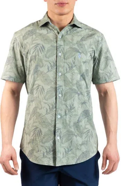 Tailorbyrd Tropical Leaves Short Sleeve Button-up Shirt In Green