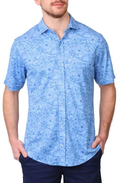 Tailorbyrd Tropical Short Sleeve Modal Blend Button-up Shirt In Oxford Blue