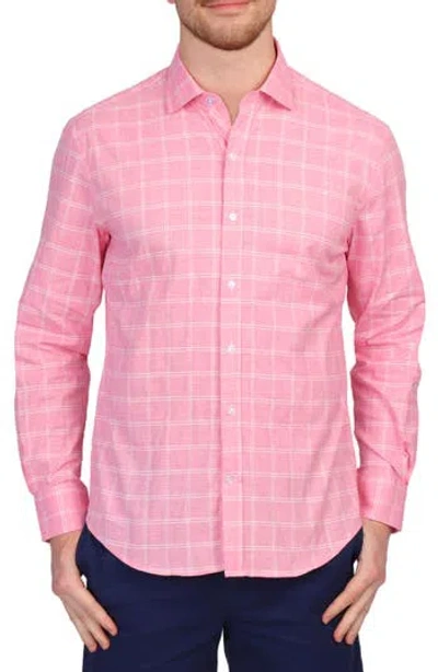 Tailorbyrd Windowpane Stretch Cotton Button Down Shirt In Red