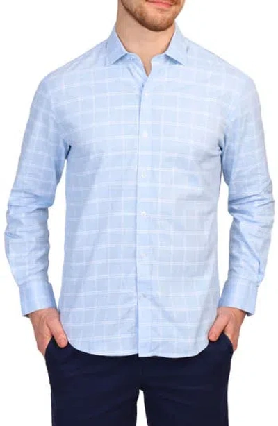 Tailorbyrd Windowpane Stretch Cotton Button Down Shirt In Light Blue