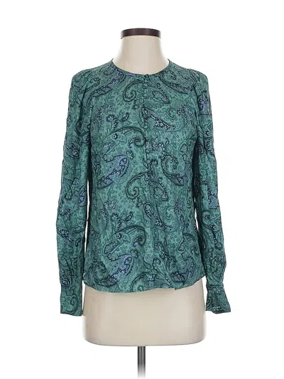 Pre-owned Tailored By Rebecca Taylor Long Sleeve Silk Top Teal Paisley Pattern Mock Neckline Tops In Blue
