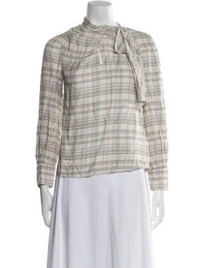 Pre-owned Tailored By Rebecca Taylor Plaid Print Mock Neck Blouse In Neutral