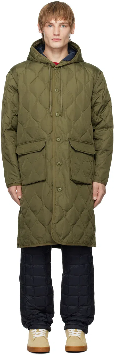 Taion Khaki Military Hood Long Down Coat In D.olive