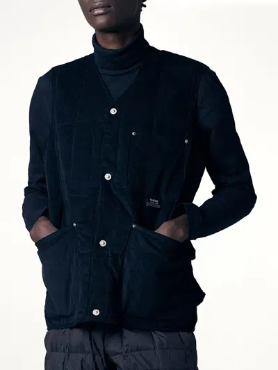 Taion Work V Neck Button Down Vest In Blue