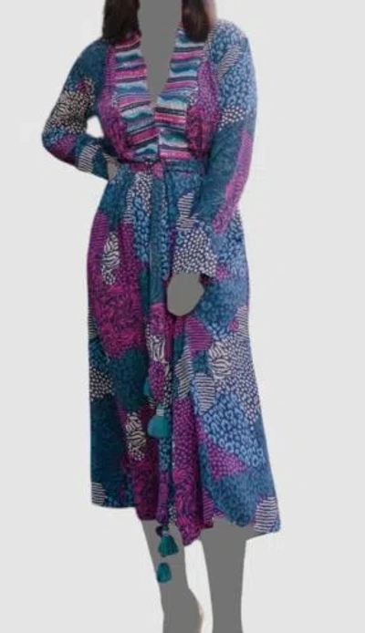 Pre-owned Taj By Sabrina Crippa $415  Womens Blue Mia Mixed Pattern Midi Dress Size L