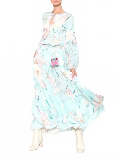 Taj By Sabrina Crippa Crew Neck Long Sleeves Top In Aqua Dew Flower In Blue