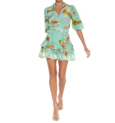 Taj By Sabrina Crippa Tiered Ruffle Mini Skirt In Aqua Boho Birds In Multi