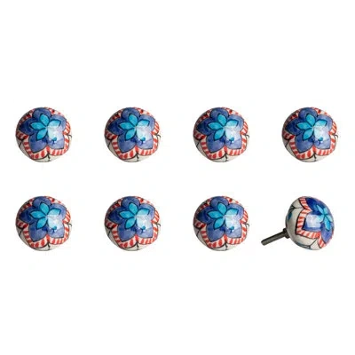 Taj Hotel Hand Painted 1 1/2" Diameter Mushroom Knob In Antique;white,red,blue;blanc,rouge,bleu