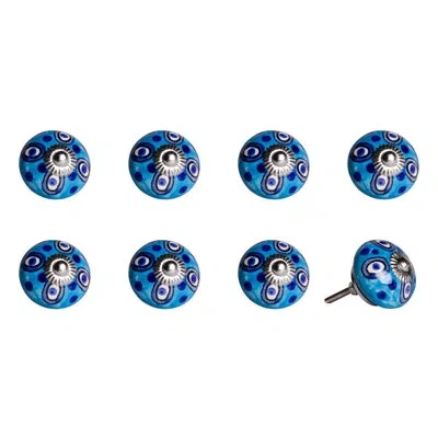 Taj Hotel Hand Painted 1 1/2" Diameter Mushroom Knob In Blue,white,silver