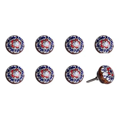 Taj Hotel Hand Painted 1 1/2" Diameter Mushroom Knob In Brown,white,red,blue