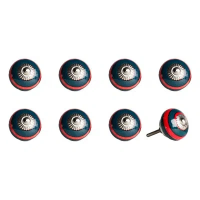 Taj Hotel Hand Painted 1 1/2" Diameter Mushroom Knob In Dark Blue,red,silver