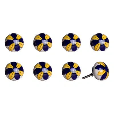 Taj Hotel Hand Painted 1 1/2" Diameter Mushroom Knob In Navy,yellow,white