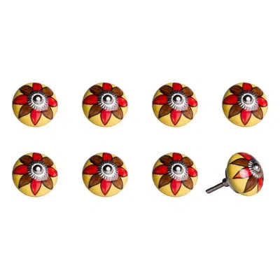 Taj Hotel Hand Painted 1 1/2" Diameter Mushroom Knob In Red,yellow,brown,silver