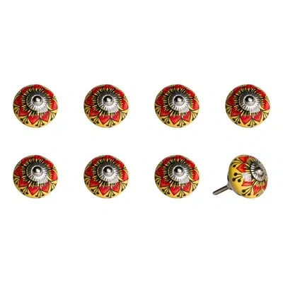 Taj Hotel Hand Painted 1 1/2" Diameter Mushroom Knob In Red,yellow,silver