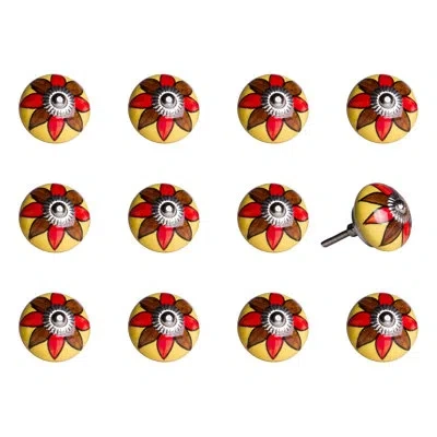 Taj Hotel Hand Painted 1 1/2" Diameter Round Knob In Antique;yellow,brown,red