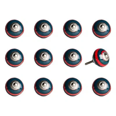 Taj Hotel Hand Painted 1.5" Diameter Mushroom Knob In Blue,red,black