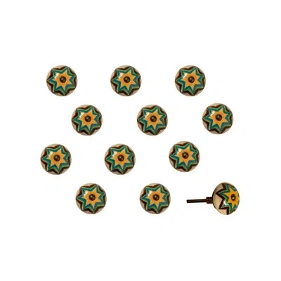Taj Hotel Hand Painted 1.5" Diameter Mushroom Knob Multipack In Green,yellow,blue,brown