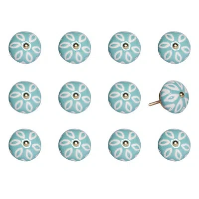 Taj Hotel Hand Painted 1.5" Diameter Mushroom Knob Multipack In Light Blue,white,gold