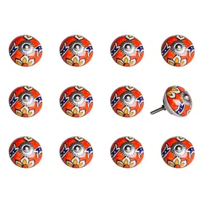Taj Hotel Hand Painted 1.5" Diameter Mushroom Knob In Red,orange,blue,yellow