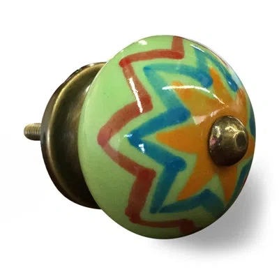 Taj Hotel Handpainted Round Knob In Green,yellow,blue