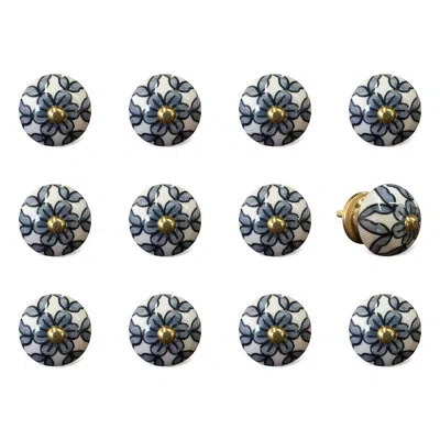 Taj Hotel Handpainted Round Knob In White,grey,gold