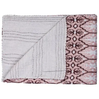 Taj Hotel Kantha 50" X 70" Kantha Cotton Abstract Throw Blanket With Embroidery In Dusty Rose,grey,burgundy