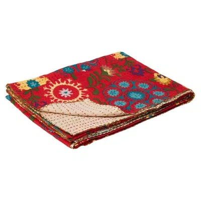 Taj Hotel Kantha Cotton Cotton Blanket In Beige;navy