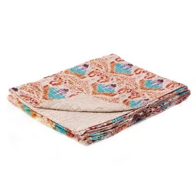 Taj Hotel Kantha Cotton Cotton Blanket In Green;pink;aqua Blue