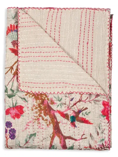 Taj Hotel Kantha Quilted Floral Patchwork Throw In Neutral