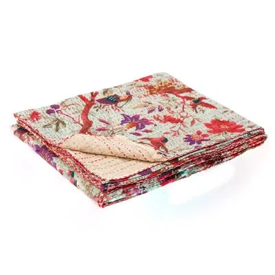 Taj Hotel Kantha Vintage Cotton Throw In Gray;red;soft Blue