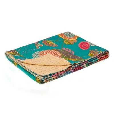 Taj Hotel Kantha Vintage Cotton Throw In Yellow;pink;turquoise