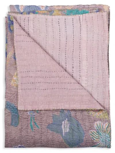 Taj Hotel Oriental Contemporary Design Floral Kantha Throw In Pink Multi