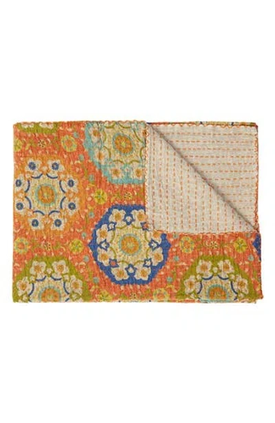 Taj Hotel Vintage Cotton Kantha Throw Blanket In Multi Orange Blue