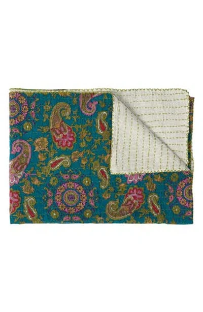 Taj Hotel Vintage Cotton Kantha Throw Blanket In Green