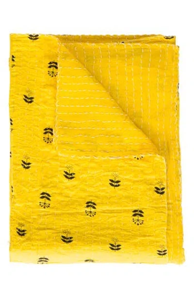 Taj Hotel Vintage Cotton Kantha Throw Blanket In Yellow