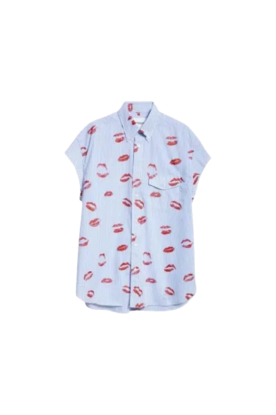 Takahiromiyashita The Soloist Lip Print Cut Off Sleeve Button Down Shirt Blue