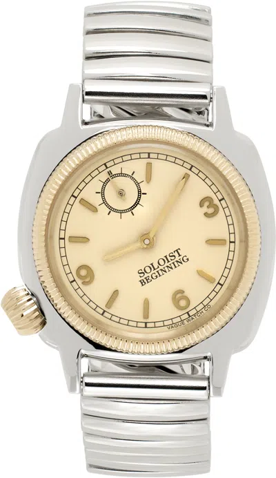 Takahiromiyashita The Soloist Silver Vague Watch Co. Edition Coussin Extension Belt Watch In Beige