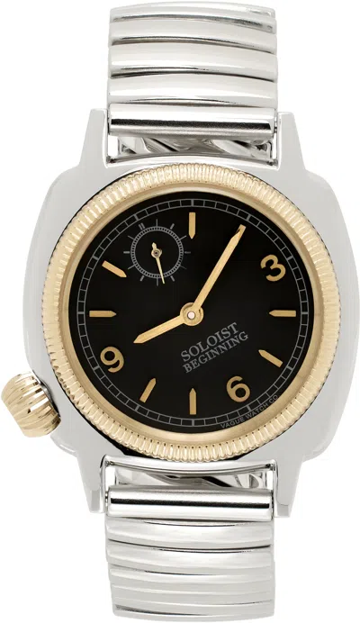 Takahiromiyashita The Soloist Silver Vague Watch Co. Edition Coussin Extension Belt Watch In Black