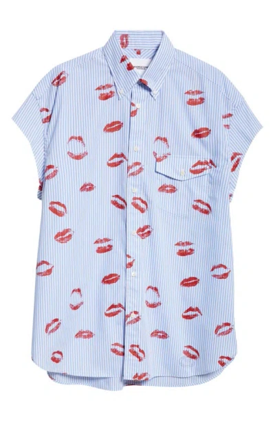 Takahiromiyashita The Soloist Stripe Lips Print Cutoff Sleeve Button-down Shirt In Saxe Stripe