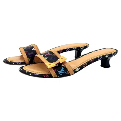 Pre-owned Takashi Murakami Louis Vuitton X Murakami Monogram Logo Print Slip On Kitten Heel Mules 36.5 In Sand