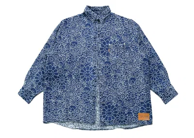 Pre-owned Takashi Murakami Men's  Flowers And Skulls Jacquard Denim Haori Shirt In Dark Blue