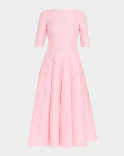 Talbot Runhof 3/4-sleeve Textured Jacquard Tea-length Dress In Pink