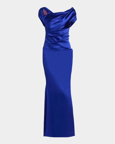 Talbot Runhof Asymmetric Draped Satin Gown In Blue
