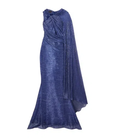 Talbot Runhof Asymmetrical Cape Effect Dress In Blue
