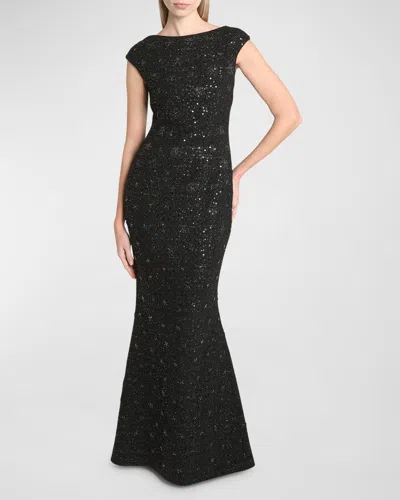 Talbot Runhof Black Iris Paillette Tweed Trumpet Gown