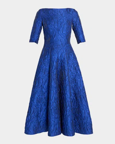 Talbot Runhof Boat-neck Poiret Rose Jacquard Midi Cocktail Dress In Blue