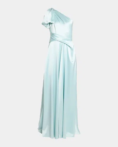Talbot Runhof Bow One-shoulder Crepe Satin Gown In Azur