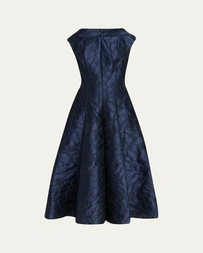 Talbot Runhof Cap-sleeve Abstract-jacquard Midi Dress In Blue