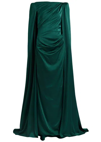 Talbot Runhof Cape-effect Gathered Satin Gown In Teal