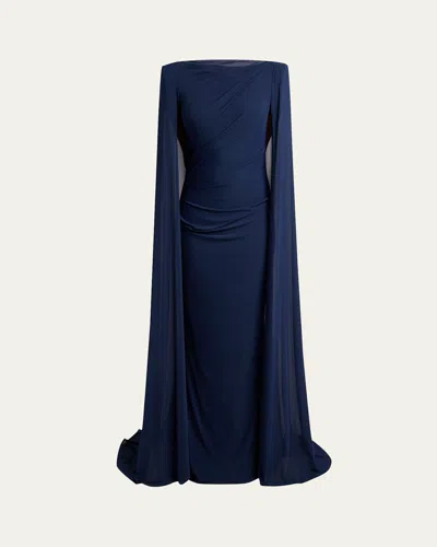 Talbot Runhof Cape Stretch Tulle Gown In Navy